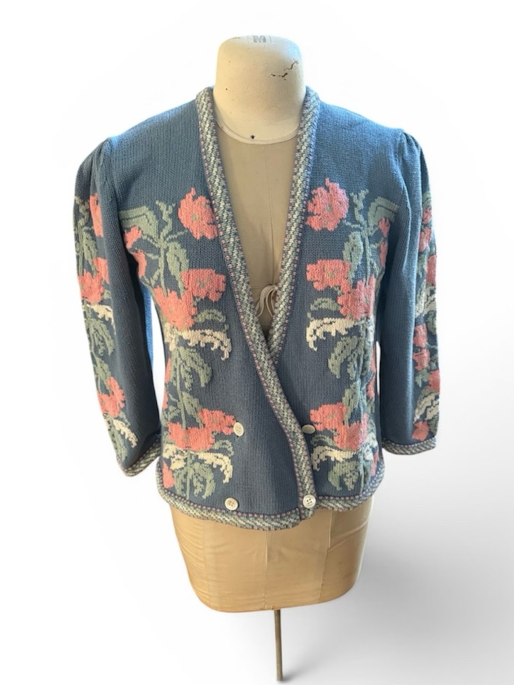 Vintage Blue Floral Knit button Cardigan with Pink Accents by Cambridge Spirit